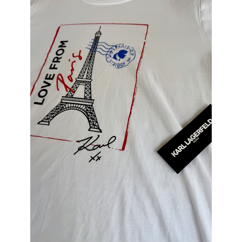 KARL LAGERFELD Womens Blouse XL Love From Paris White Crew Neck Short Sleeve NWT - Picture 5 of 10